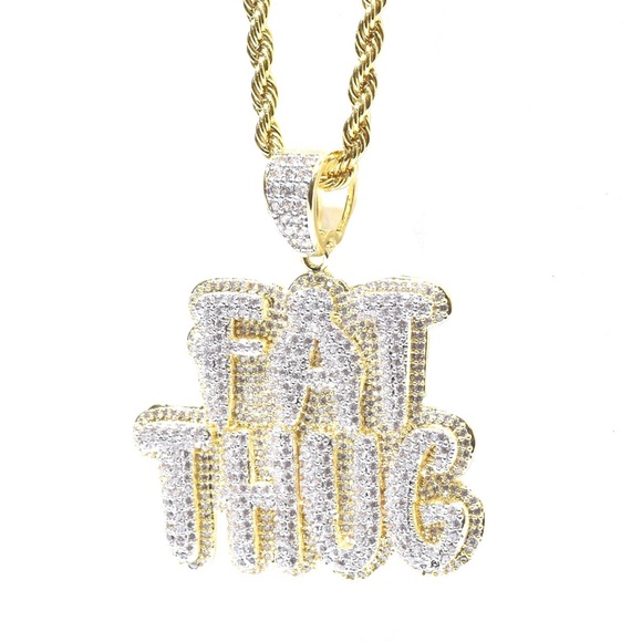 14k Gold Finish Lab Diamond FAT THUG Charm Chain - Picture 3 of 4